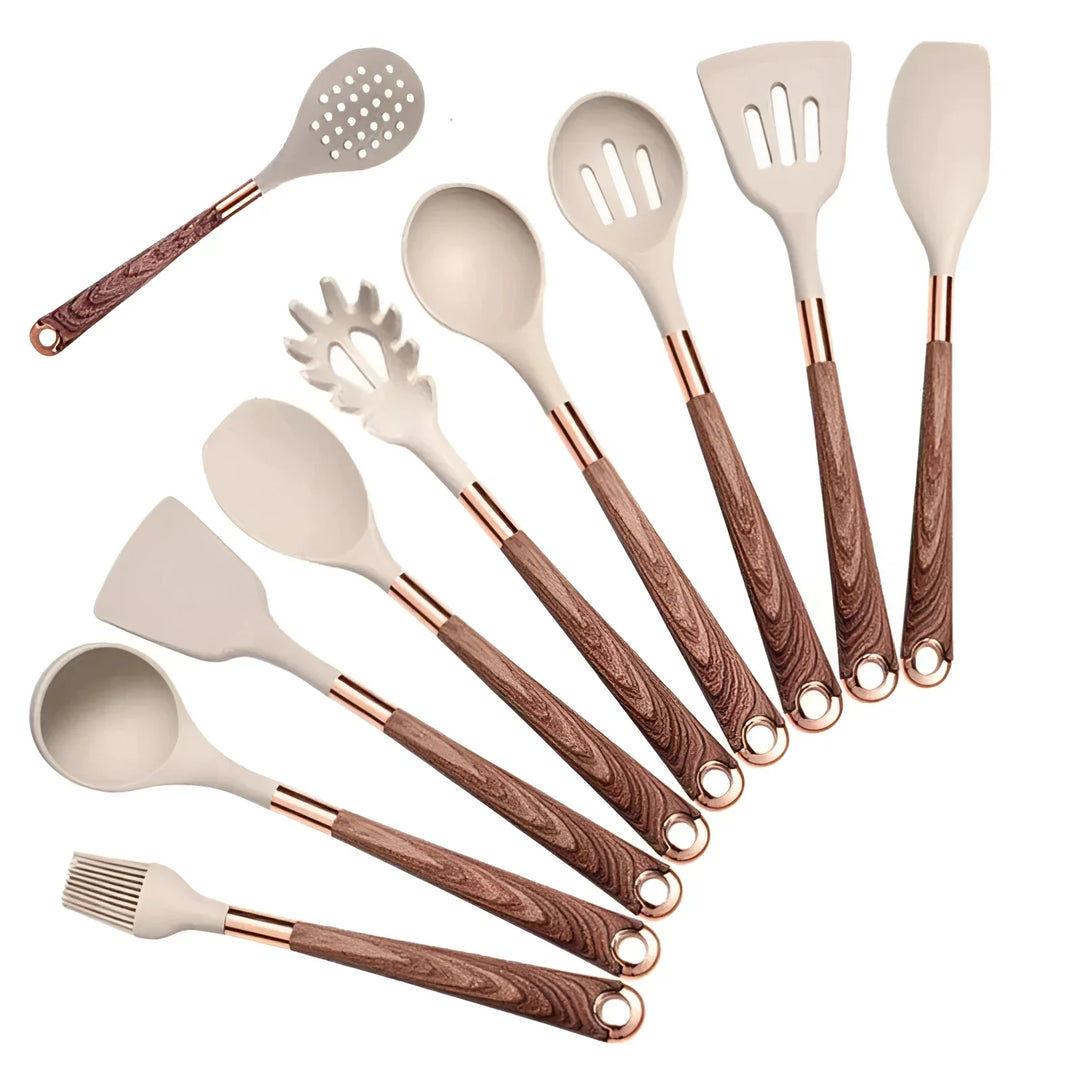 Silicone Kitchen Utensil Set with Wooden Handles and Copper Accents, 10-Piece