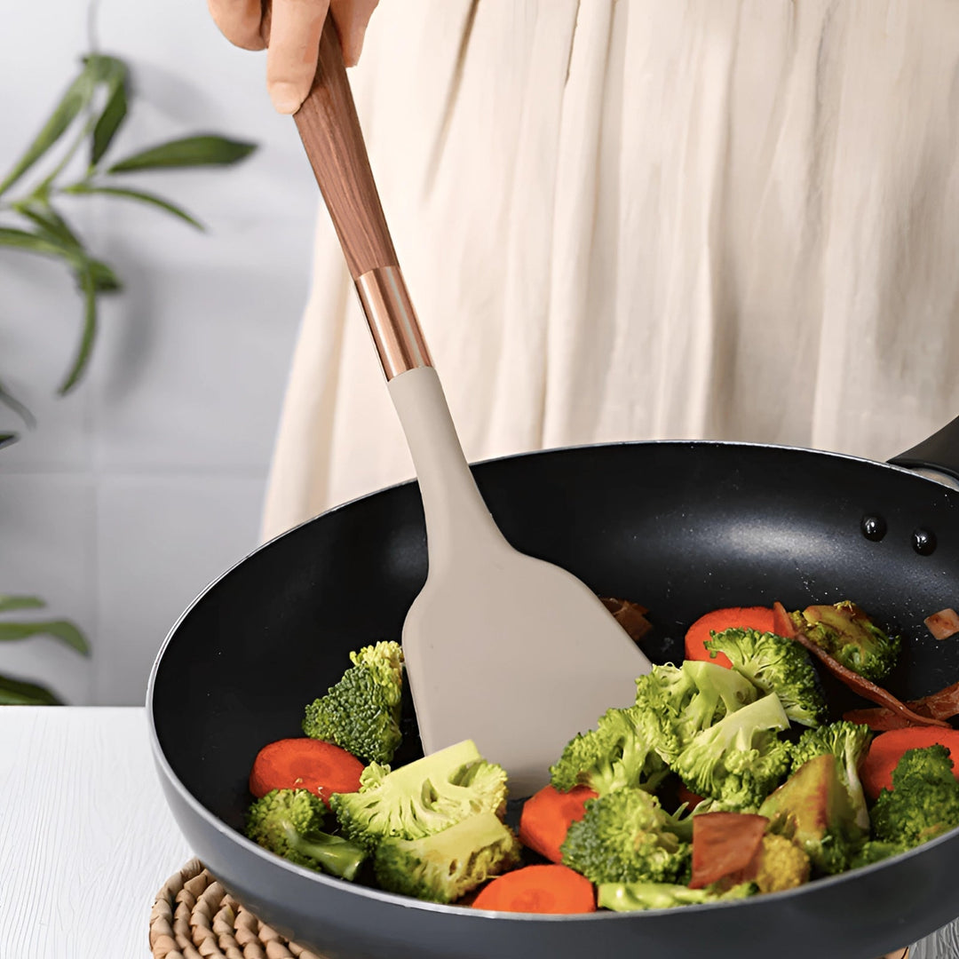 Silicone Kitchen Utensil Set with Wooden Handles and Copper Accents, 10-Piece