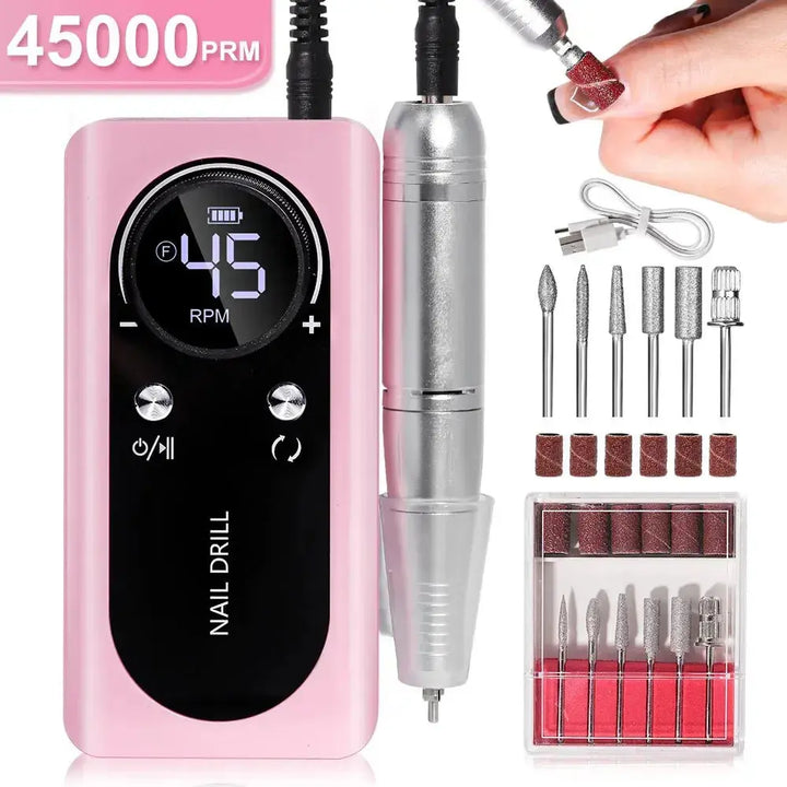 Nail Drill with LED Display and 6 Milling Heads, 45,000 RPM