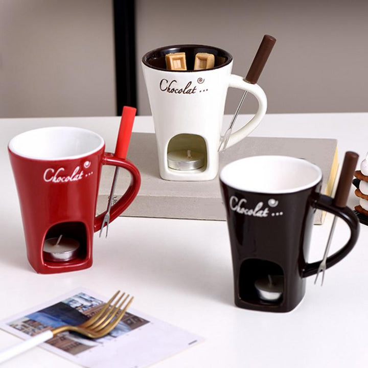 Ceramic Fondue Cup with Candle Base and Stainless Steel Fork