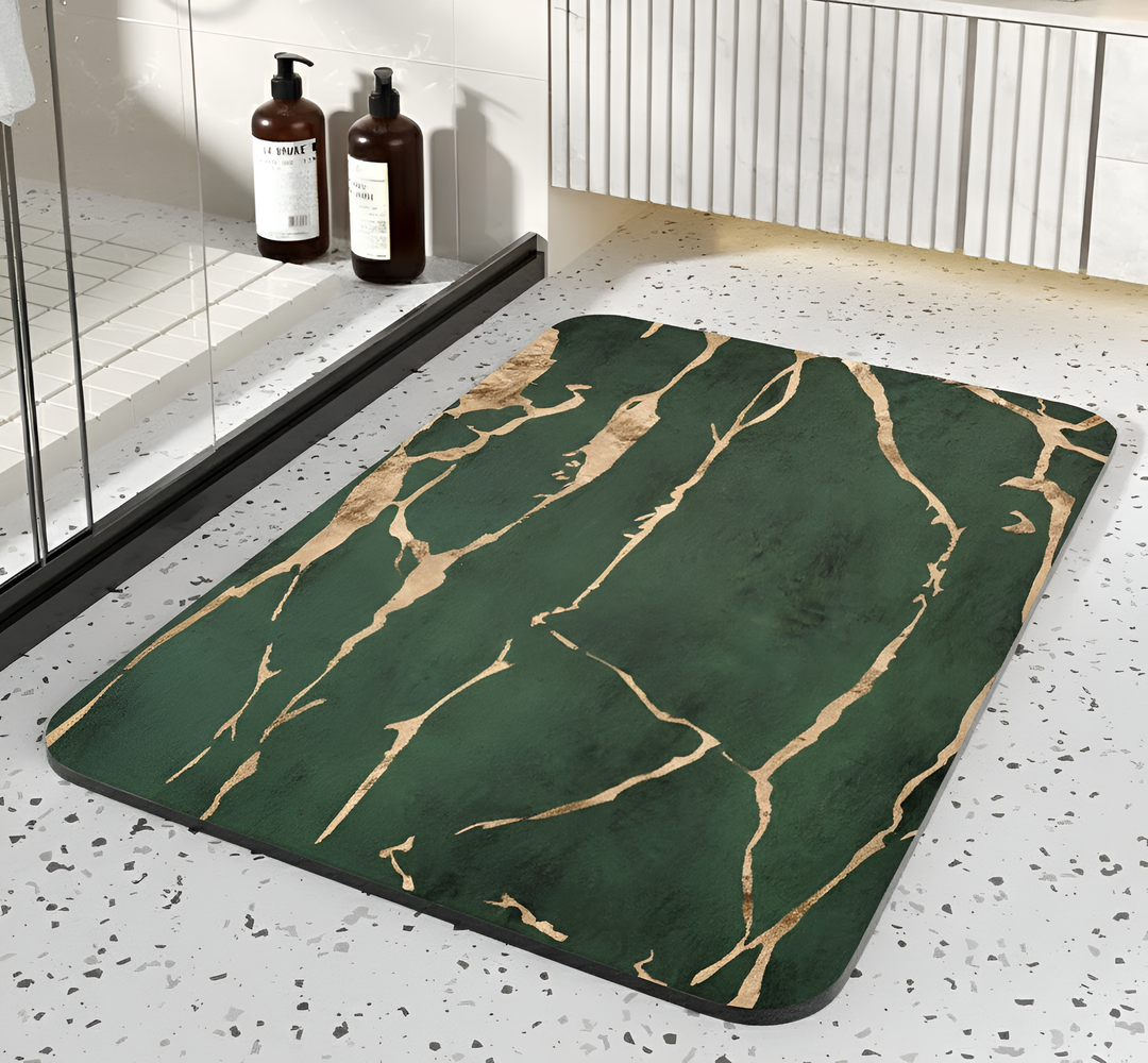 Absorbent Diatom Stone Bath Mat with Non-Slip Rubber Base and Marble Design