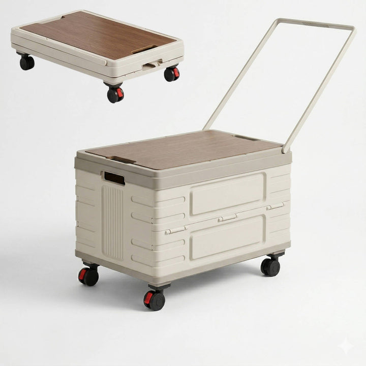 Portable Collapsible Outdoor Storage Box for Camping, Picnic and Garden, Foldable Rolling Cart with 360° Wheels and Wood Lid