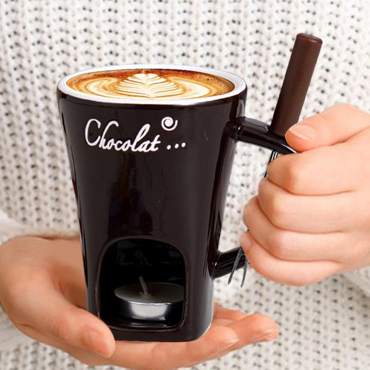 Ceramic Fondue Cup with Candle Base and Stainless Steel Fork
