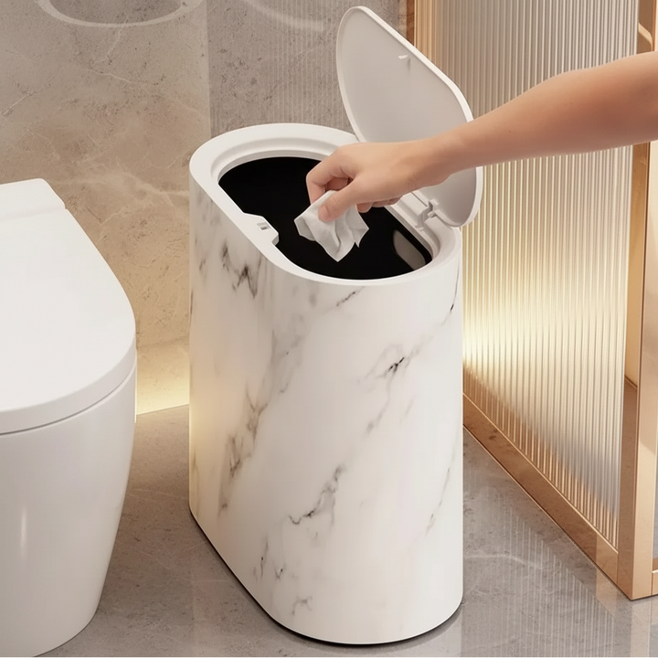 Elliptical Push Top Trash Can with Marble Texture Finish for Bathrooms
