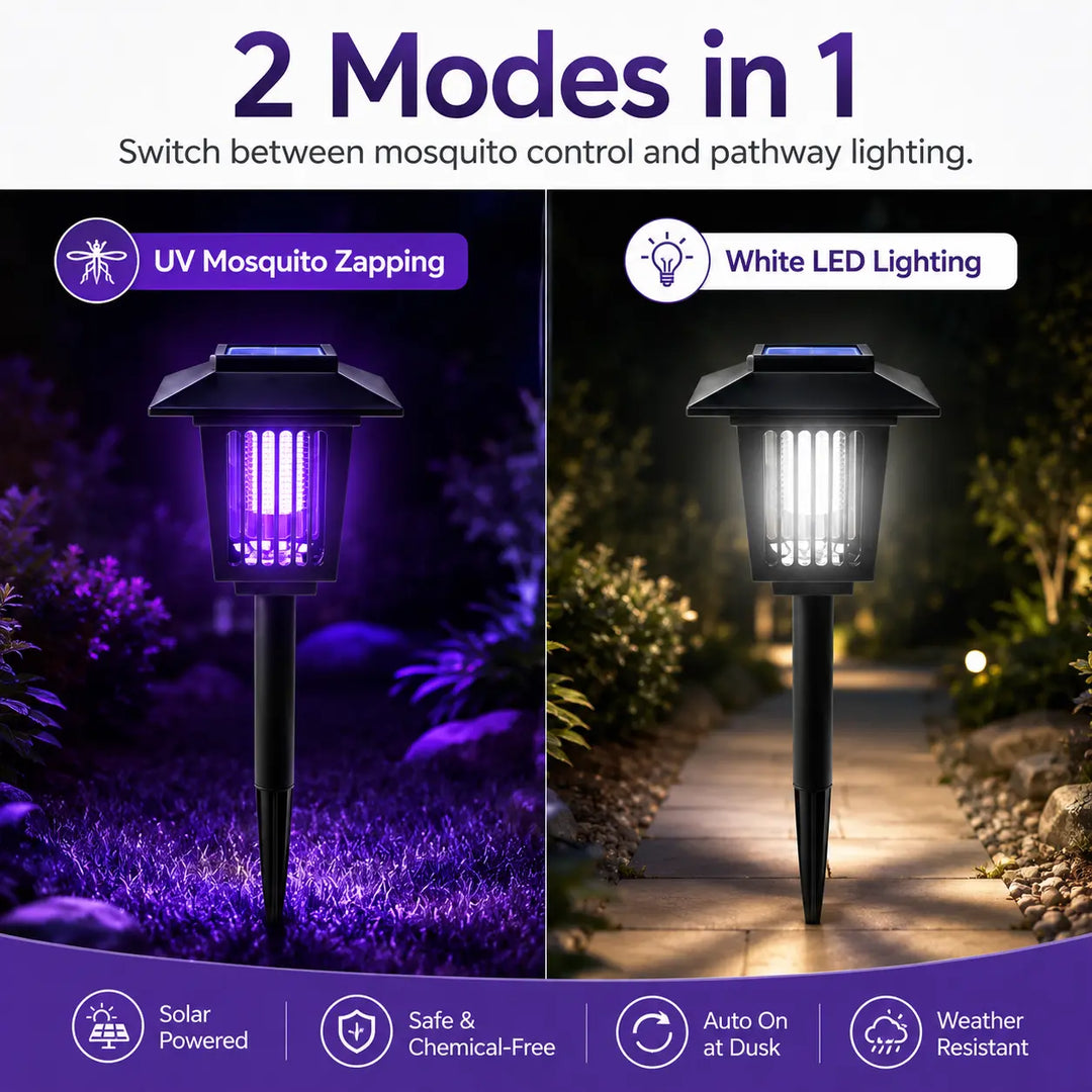 Solar Bug Zapper with Automatic Dusk Sensor and Dual Mode Operation