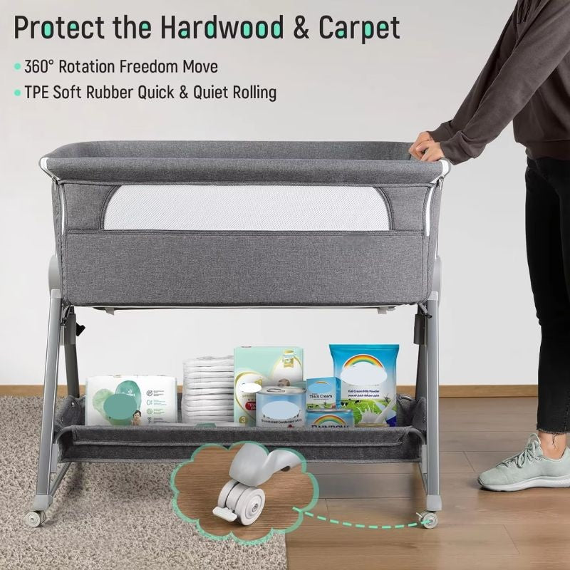 Bedside Baby Bassinet with Wheels and Storage Basket