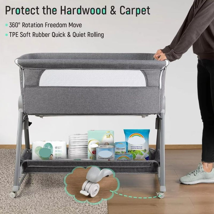 Bedside Baby Bassinet with Wheels and Storage Basket