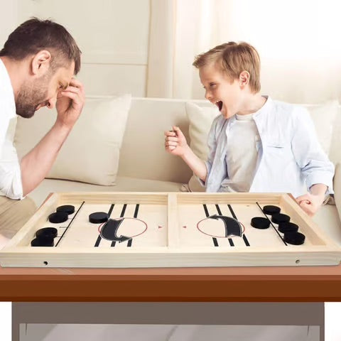 Wooden Puck Game with Center Gate and 10 Wooden Pieces for Two Players