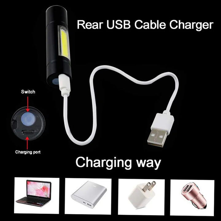 Rechargeable Mini Flashlight with COB Side Light, 3 Lighting Modes and USB Charging