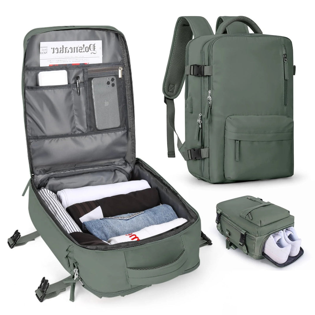 Womens 35L Travel Backpack with USB Charging Port and Laptop Compartment, Shoe and Wet Storage