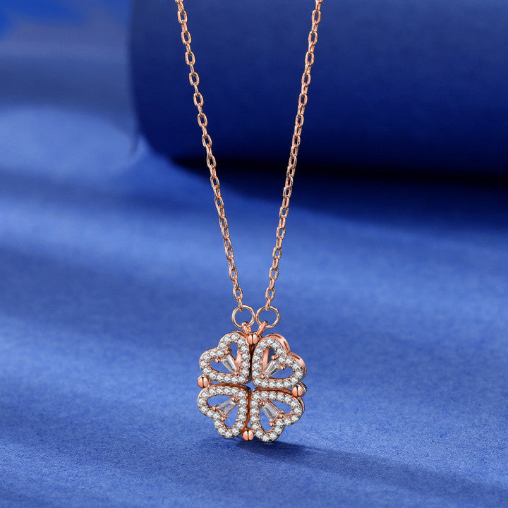 Four Heart Clover Pendant Necklace with Adjustable Chain and Gift Box