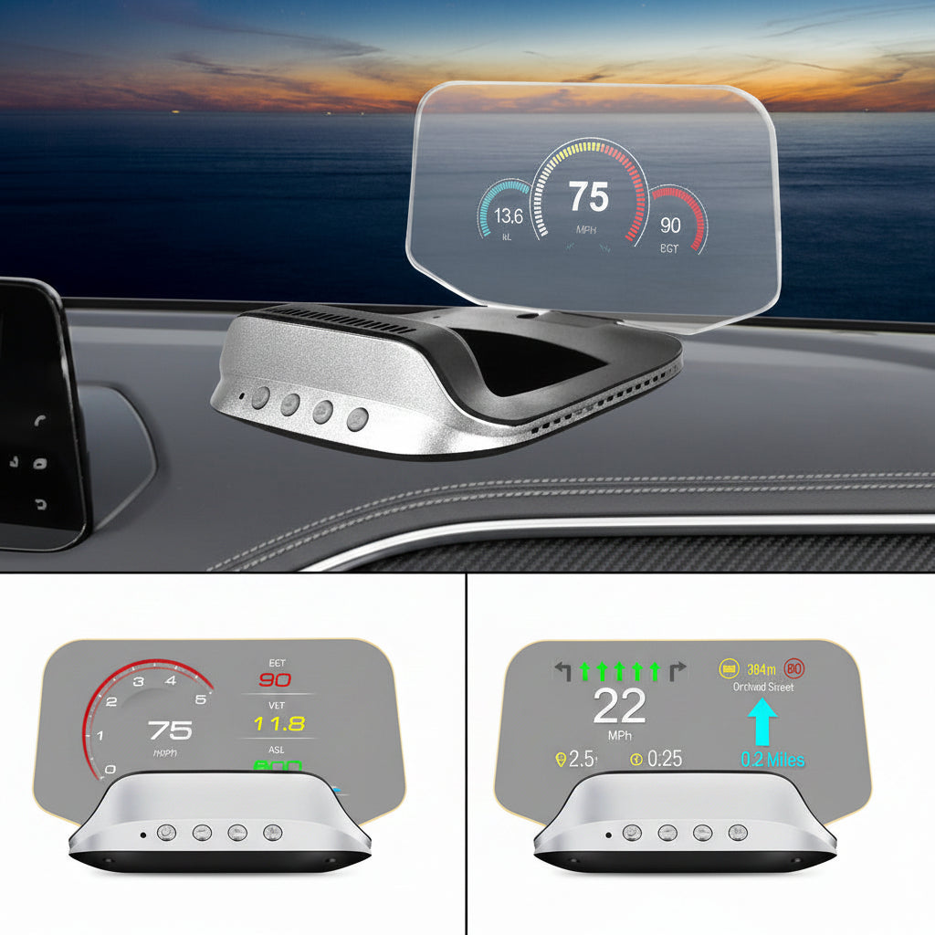 Head Up Display with GPS Navigation and Speed Monitoring, Auto Brightness