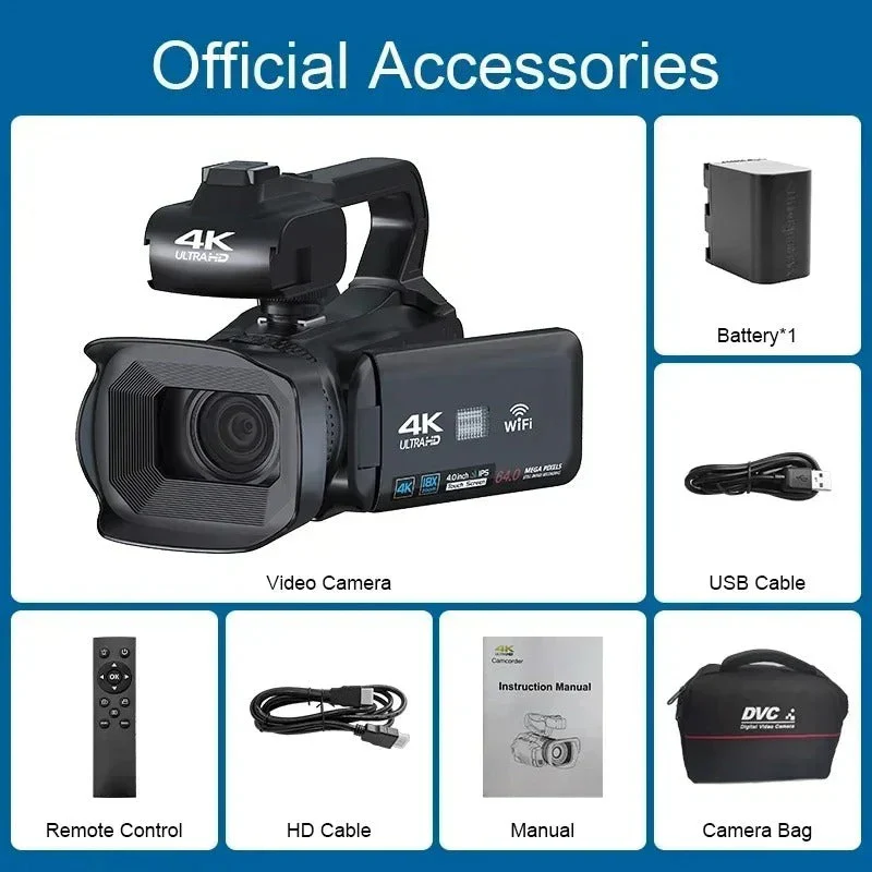 UHD 4K Camcorder for Vlogging with 18X Zoom and Rotating Touchscreen