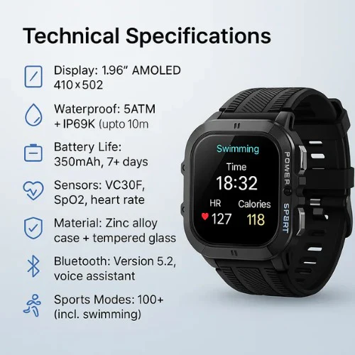 Waterproof Smartwatch,  Fitness Tracking, Bluetooth 5.0