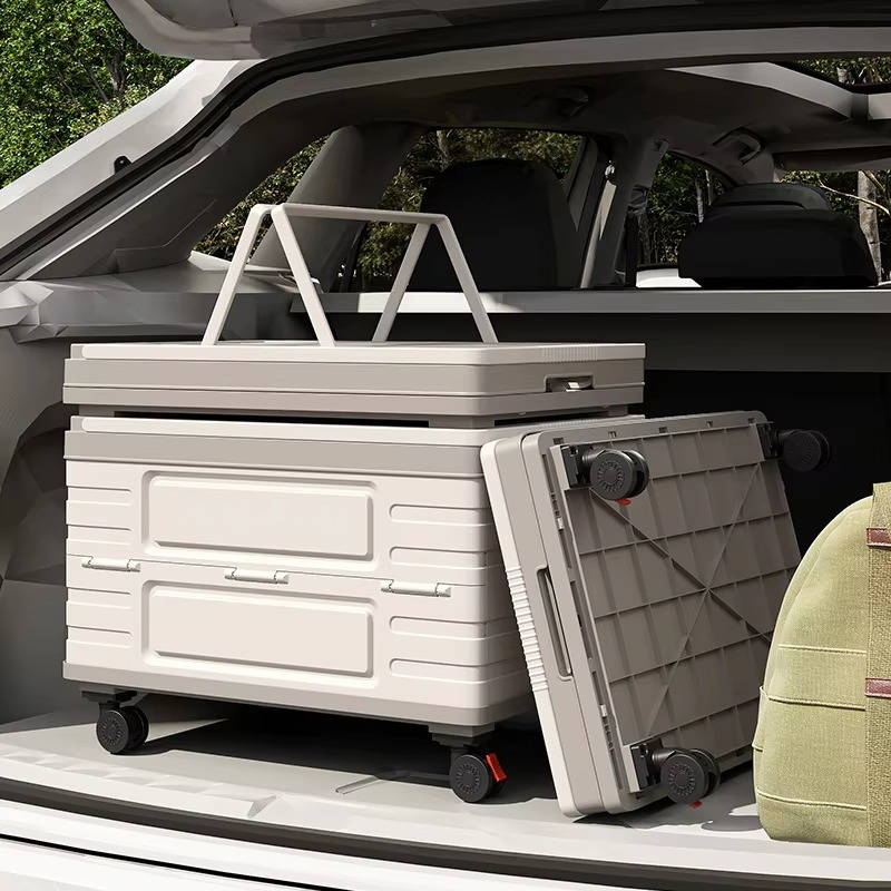 Portable Collapsible Outdoor Storage Box for Camping, Picnic and Garden, Foldable Rolling Cart with 360° Wheels and Wood Lid
