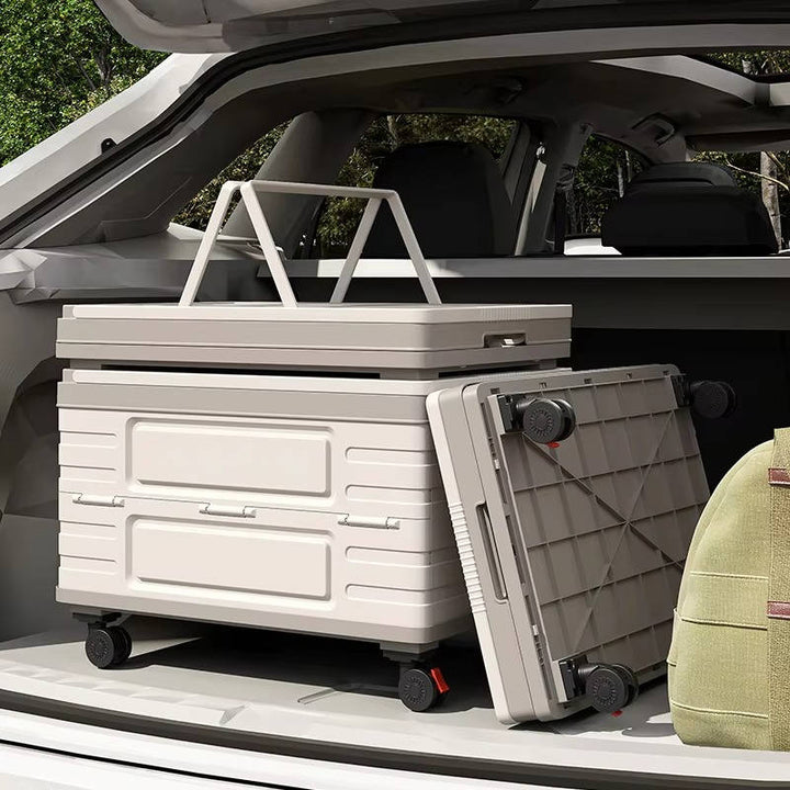 Portable Collapsible Outdoor Storage Box for Camping, Picnic and Garden, Foldable Rolling Cart with 360° Wheels and Wood Lid