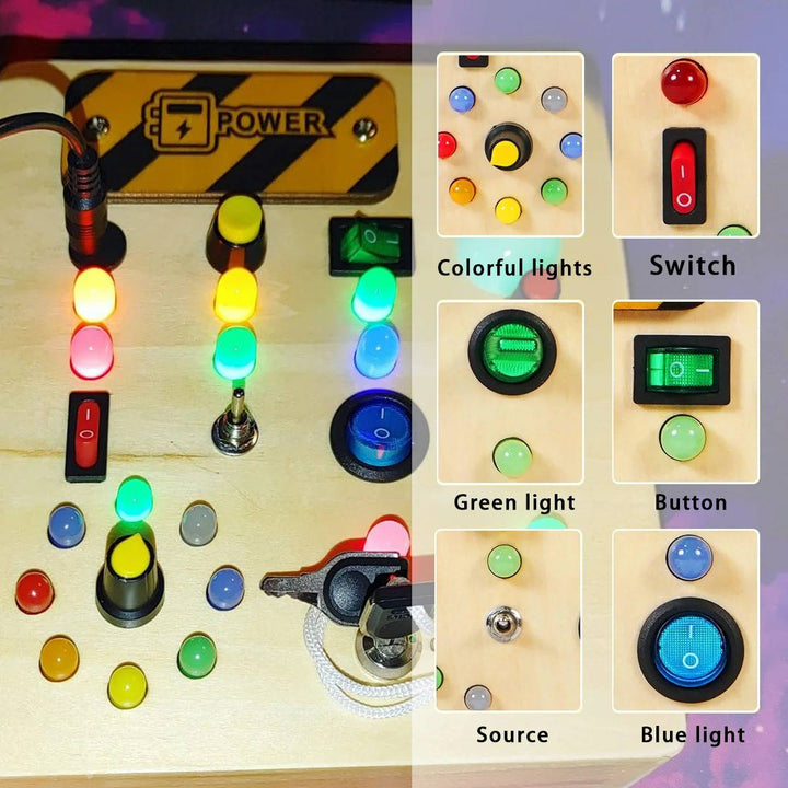 Busy Board Toy with LED Lights Wooden Activity Board for Toddlers Ages 3 and up