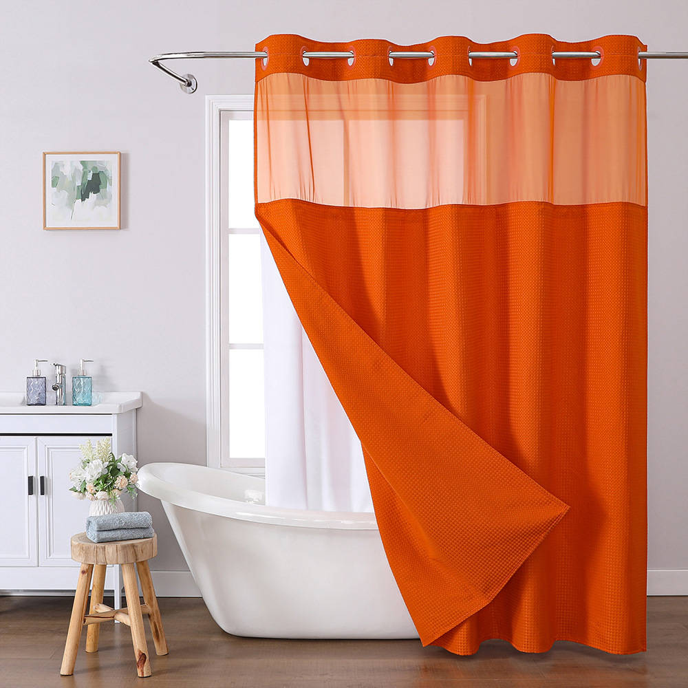 No Hooks Polyester Shower Curtain with Snap In Fabric Liner