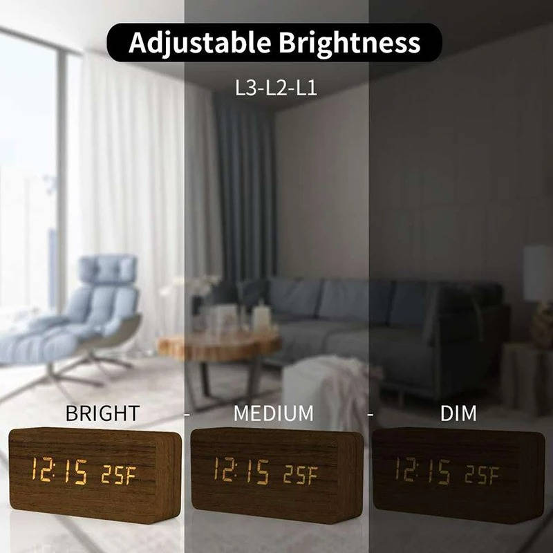 Wooden Digital Alarm Clock with Sound Control and Digital Display