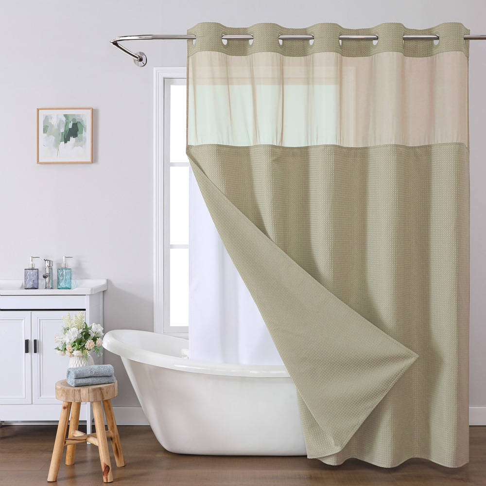 No Hooks Polyester Shower Curtain with Snap In Fabric Liner