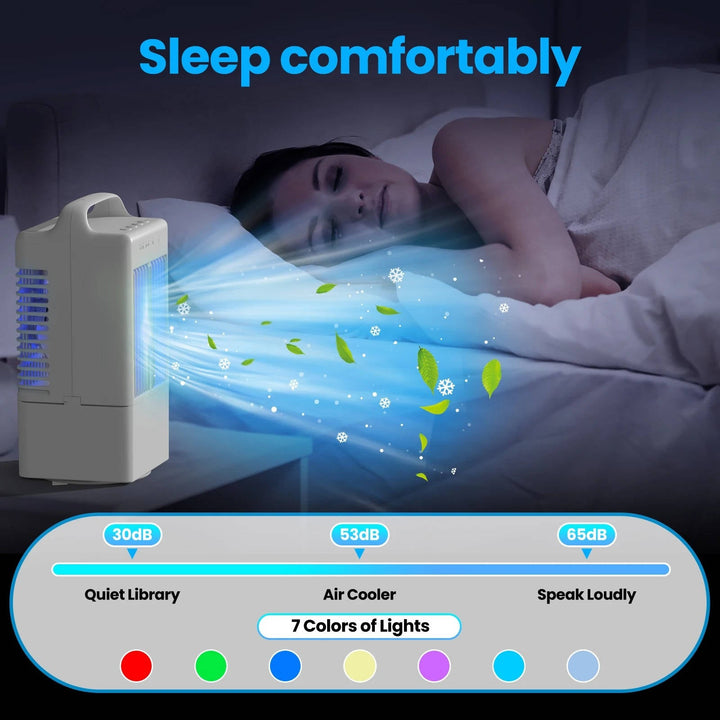 Personal USB Air Cooling Fan, Mini Desktop AC Unit with colourful Ambient Light, 4 Wind Speeds and Intelligent Timer