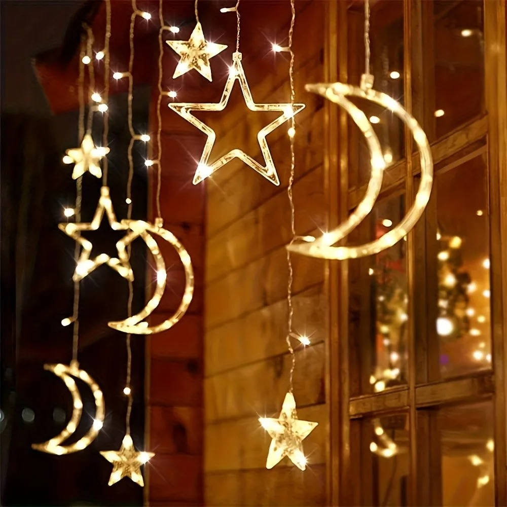 Star and Moon LED Curtain String Lights Lights, 138 inch