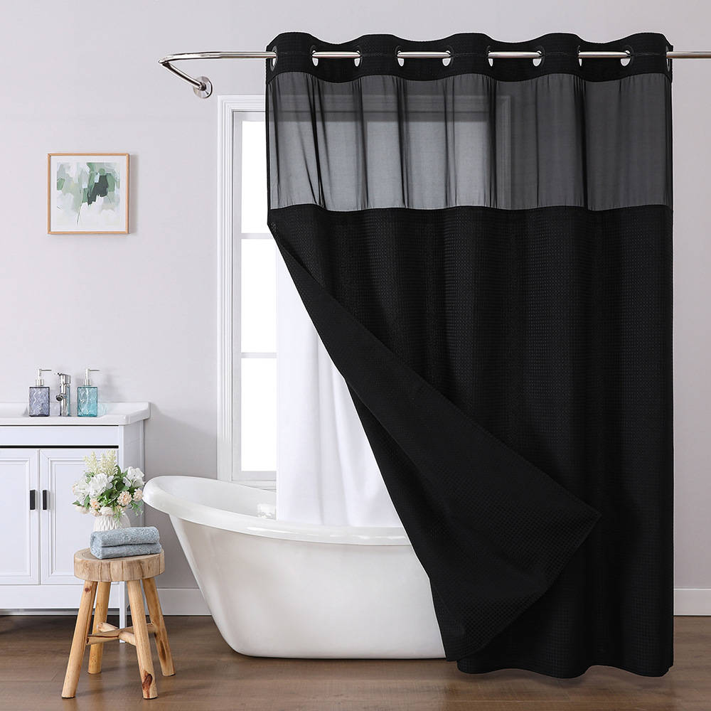 No Hooks Polyester Shower Curtain with Snap In Fabric Liner