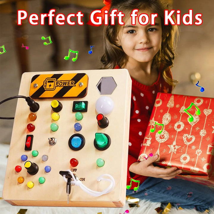 Busy Board Toy with LED Lights Wooden Activity Board for Toddlers Ages 3 and up