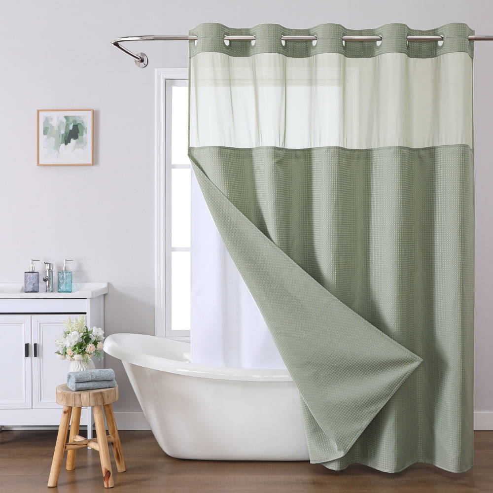 No Hooks Polyester Shower Curtain with Snap In Fabric Liner
