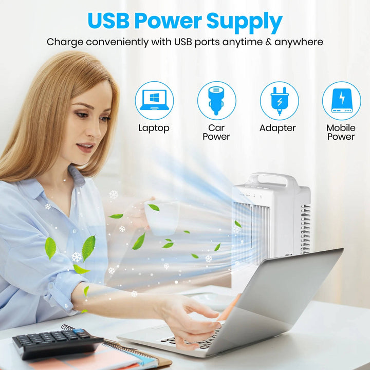 Personal USB Air Cooling Fan, Mini Desktop AC Unit with colourful Ambient Light, 4 Wind Speeds and Intelligent Timer