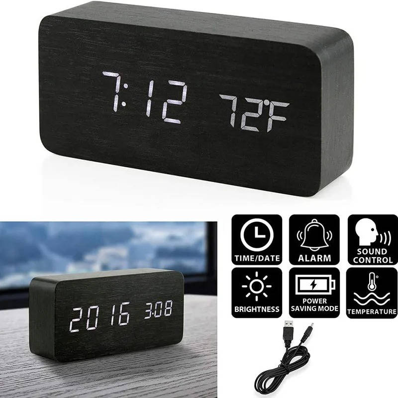 Wooden Digital Alarm Clock with Sound Control and Digital Display