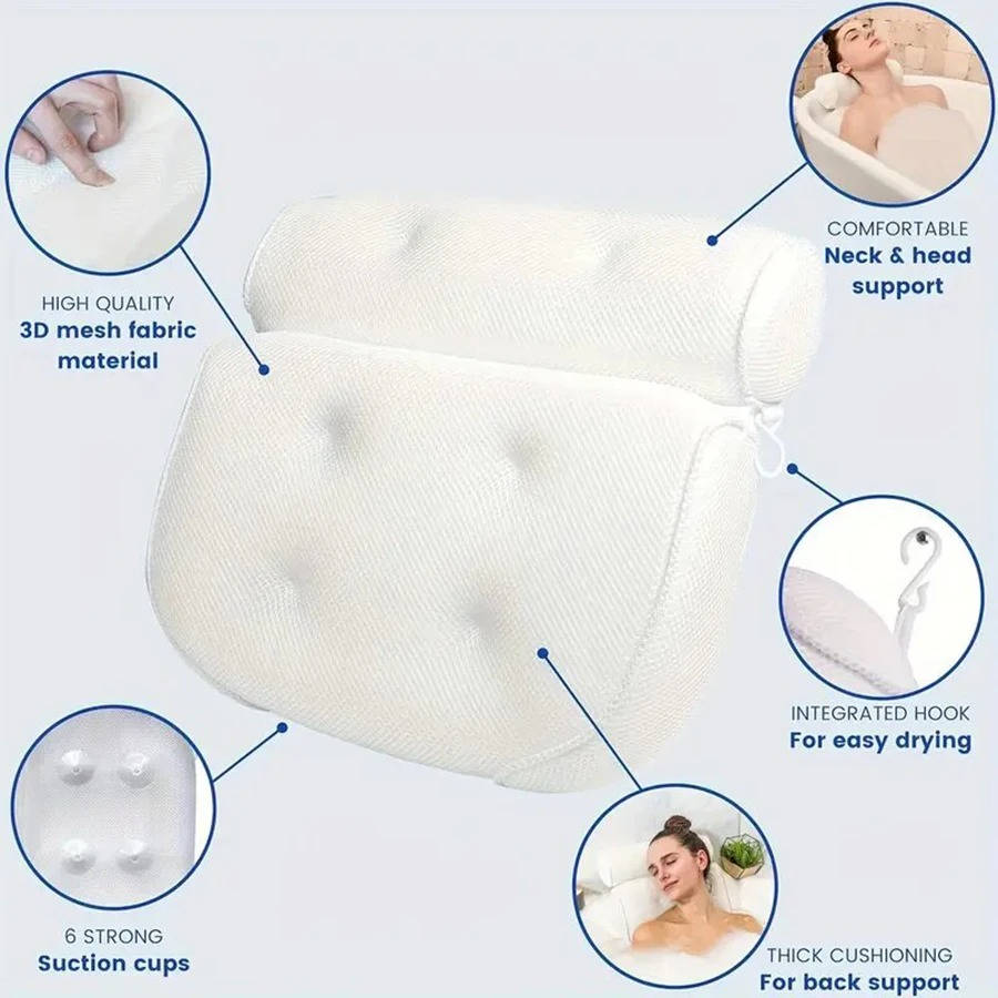 Bath Pillow With Anti-Slip Suction Cups for Neck and Back Support