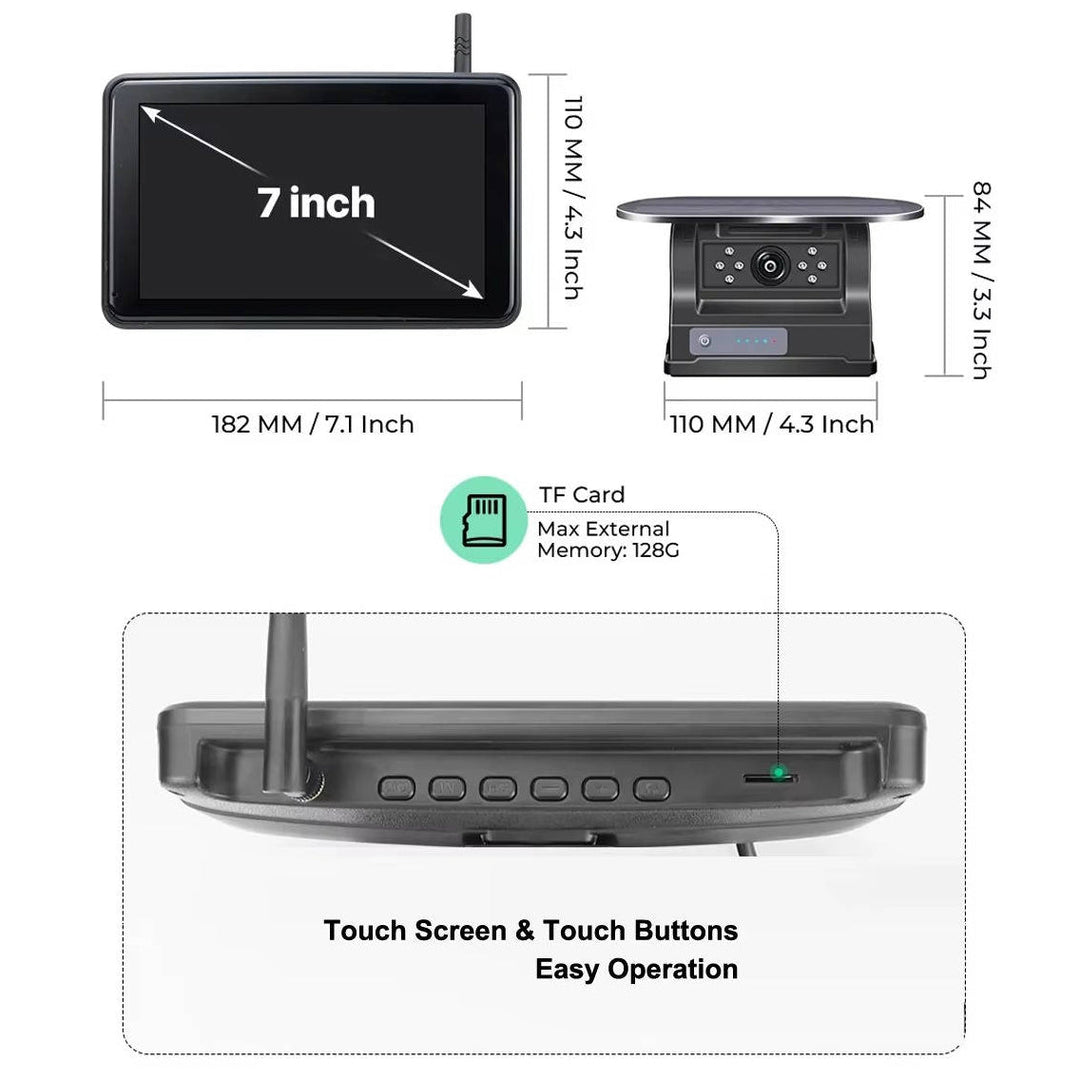 Wireless Solar Backup Camera Kit, HD 1080P 7 Monitor for RV Truck Trailer Camper