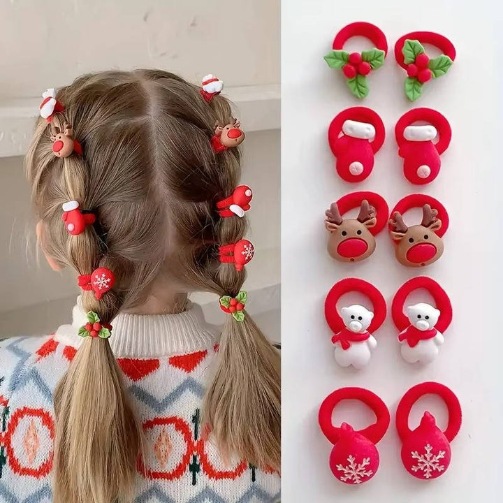 10 PCS Hair Ties for Girls Kids Elastic Ponytail Holders Santa Reindeer