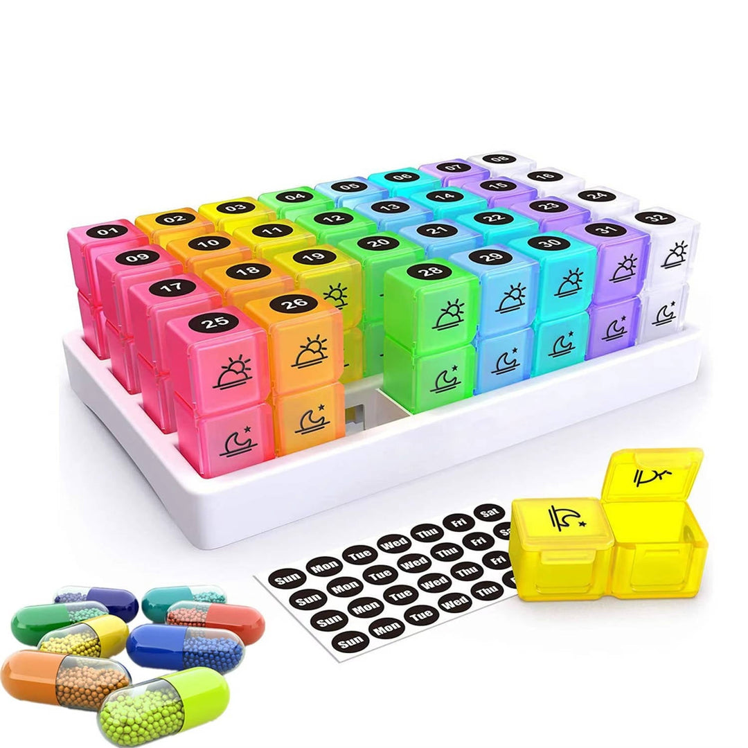 Monthly Pill Organizer 2 Times a Day, 31 Day Am Pm Pill Box Set with Stickers and Large Storage Case, Twice a Day Medication Planner