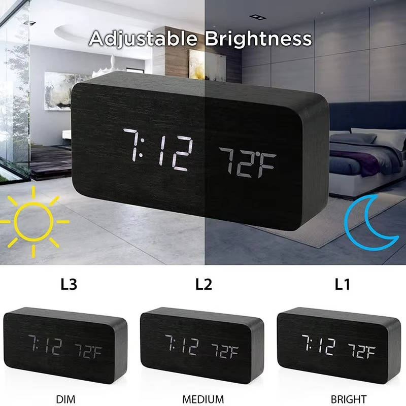 Wooden Digital Alarm Clock with Sound Control and Digital Display