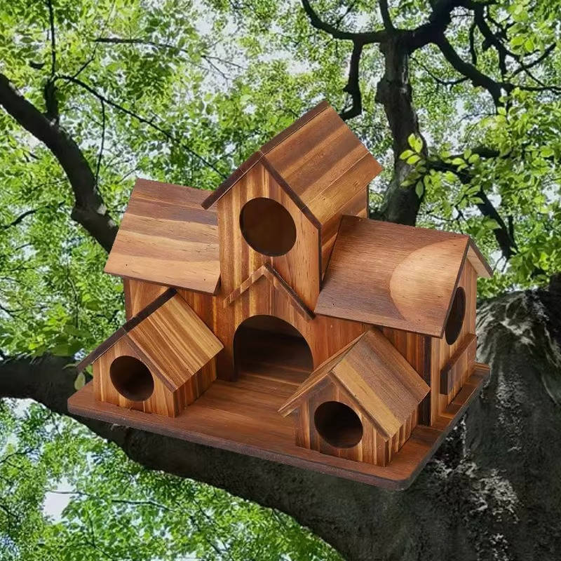 Natural Wooden Bird House, Hanging Bird Feeder Villa for Outdoor Garden and Yard, Decorative Wild Bird Nest