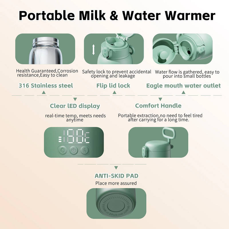 Portable Bottle Warmer 17oz 100W Fast Heating, Rechargeable Baby Bottle Warmer with Temp Control LED Display Stainless Steel Travel