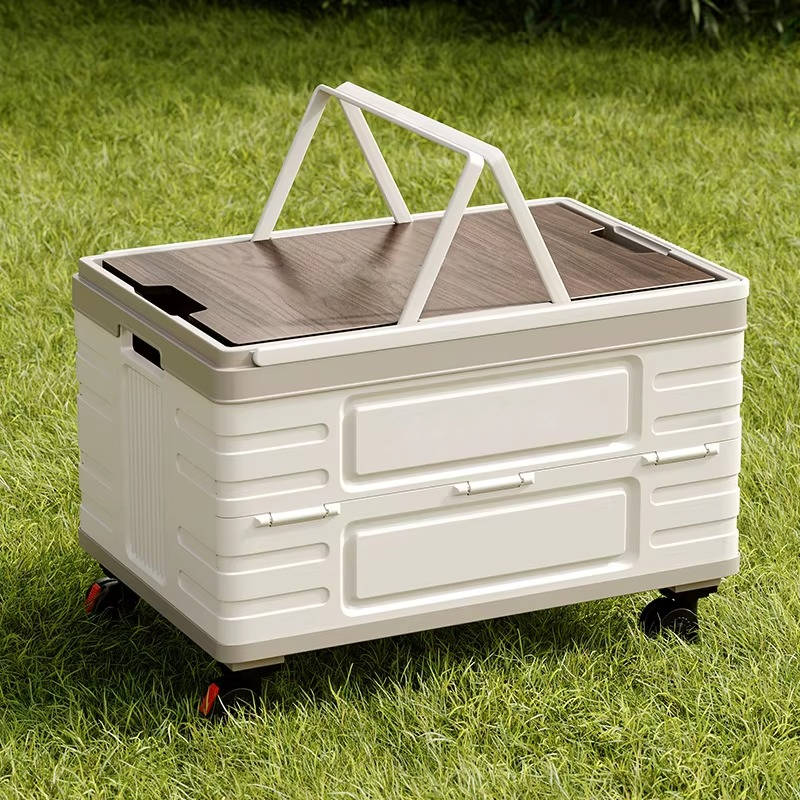 Portable Collapsible Outdoor Storage Box for Camping, Picnic and Garden, Foldable Rolling Cart with 360° Wheels and Wood Lid