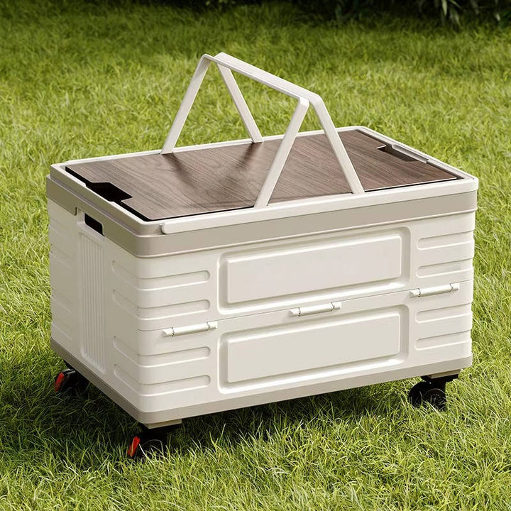 Portable Collapsible Outdoor Storage Box for Camping, Picnic and Garden, Foldable Rolling Cart with 360° Wheels and Wood Lid