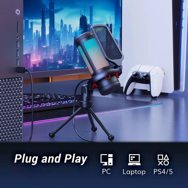 USB Gaming Microphone RGB for PC PS4 PS5, Streaming Podcast Mic with One Tap Mute Sound Control Mount Adapter