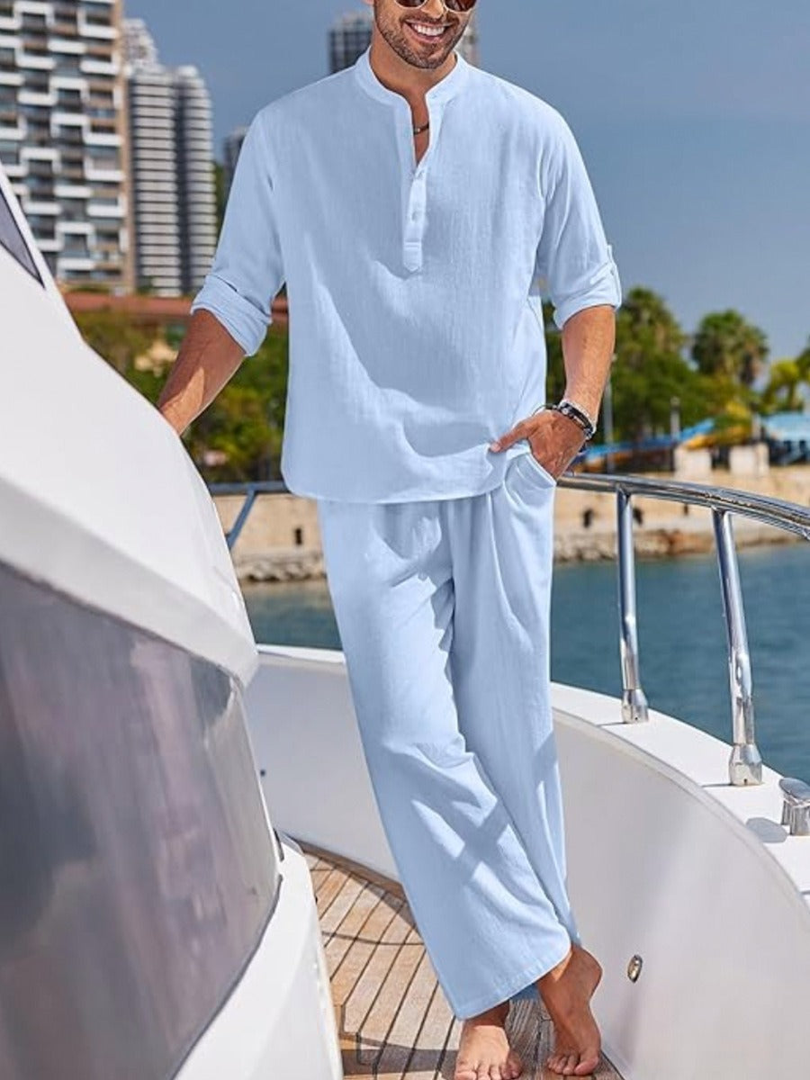 Mens Short Sleeve Button Shirt and Elastic Waist Shorts Set