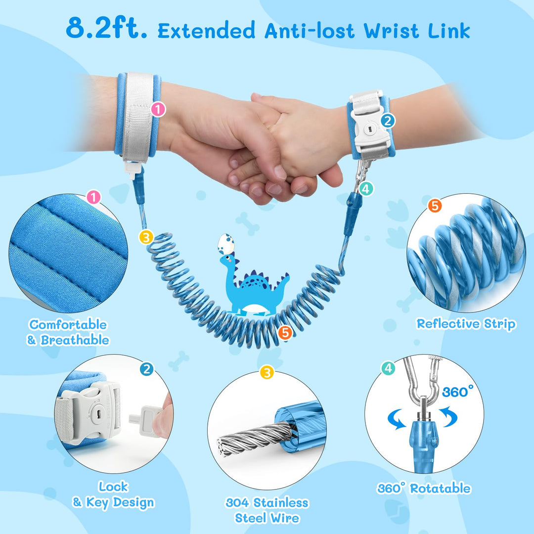 3 In 1 Toddler Harness Leash, Dinosaur Kids Safety Harness with 8.2ft Anti Lost Wrist Link and Key Lock