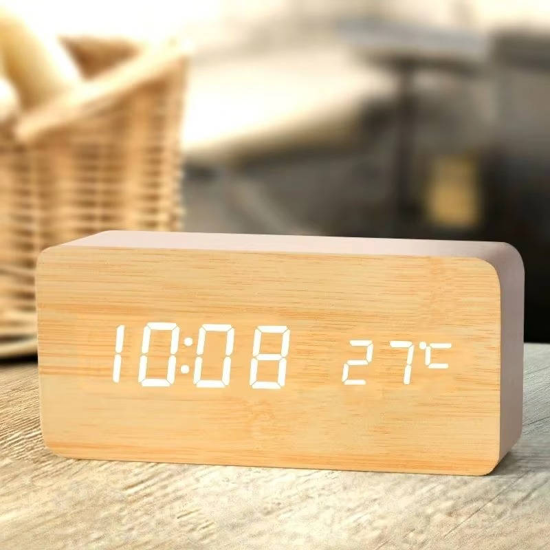 Wooden Digital Alarm Clock with Sound Control and Digital Display