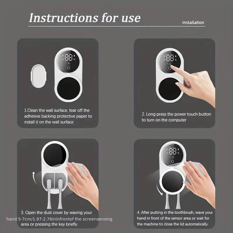 UV Toothbrush Sterilizer and Holder, Wall Mount Automatic Induction Sanitizer, Touchless Bathroom Organizer for Electric and Manual Brushes