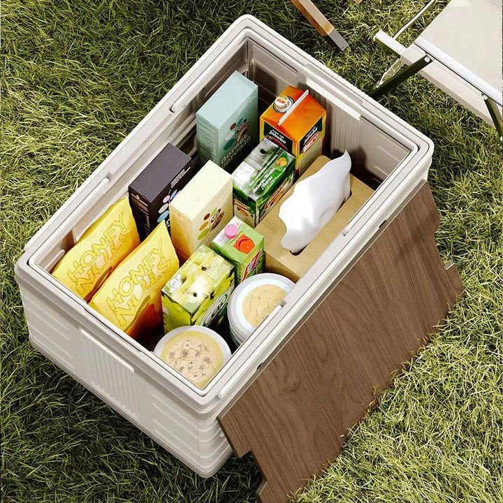 Portable Collapsible Outdoor Storage Box for Camping, Picnic and Garden, Foldable Rolling Cart with 360° Wheels and Wood Lid