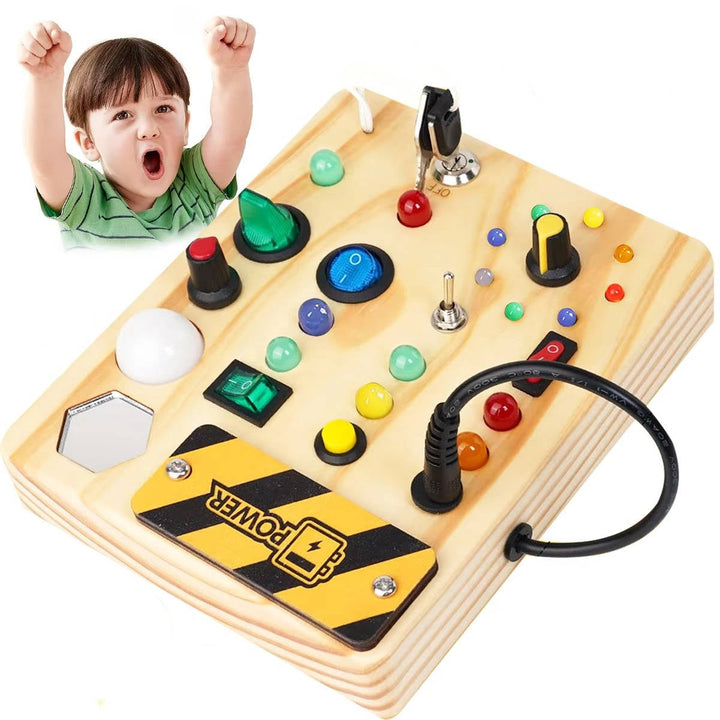 Busy Board Toy with LED Lights Wooden Activity Board for Toddlers Ages 3 and up