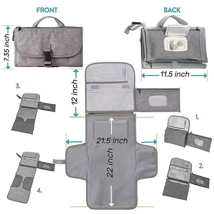 Portable Diaper Changing Pad with Wipes Pocket, Baby Travel Changing Mat Bag Infant Station Kit Grey