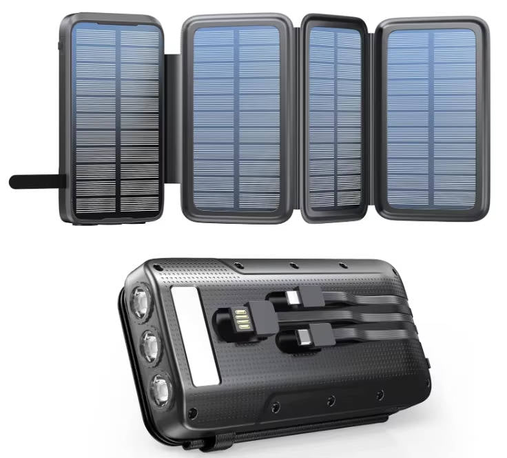 48000mAh Solar Power Bank Wireless Charger, 15W Fast Charging Battery Pack with 4 Built in Cables 7 Outputs USB C Flashlight