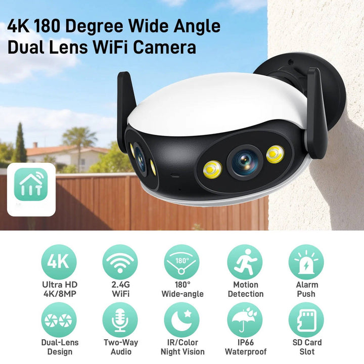 4K 8MP Outdoor WiFi Security Camera 180 Degree, Panoramic Night Vision Motion Detection Surveillance Camera